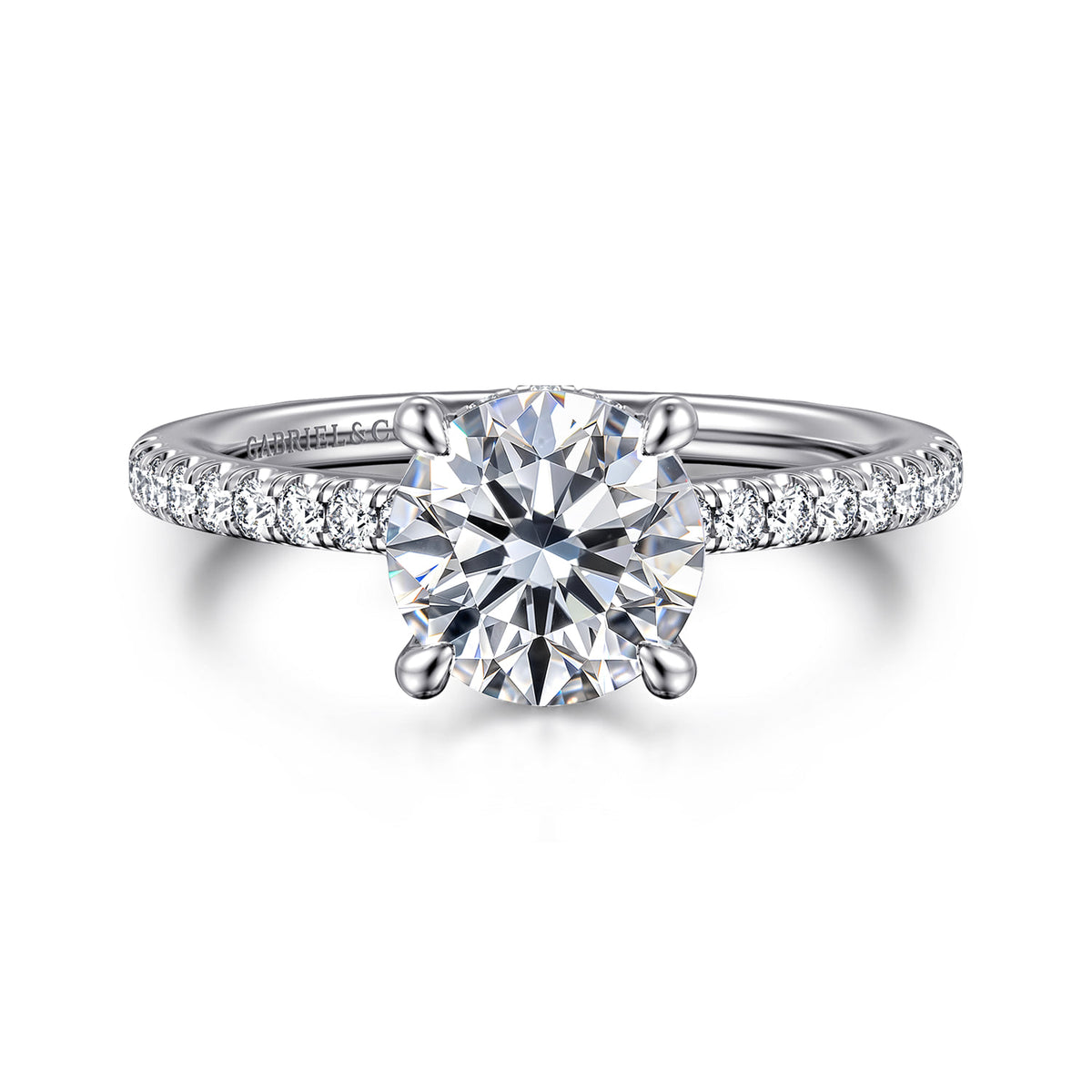14K White Gold Round Diamond Engagement Ring — ER14987R6W44JJ; center stone shown for illustration, not included