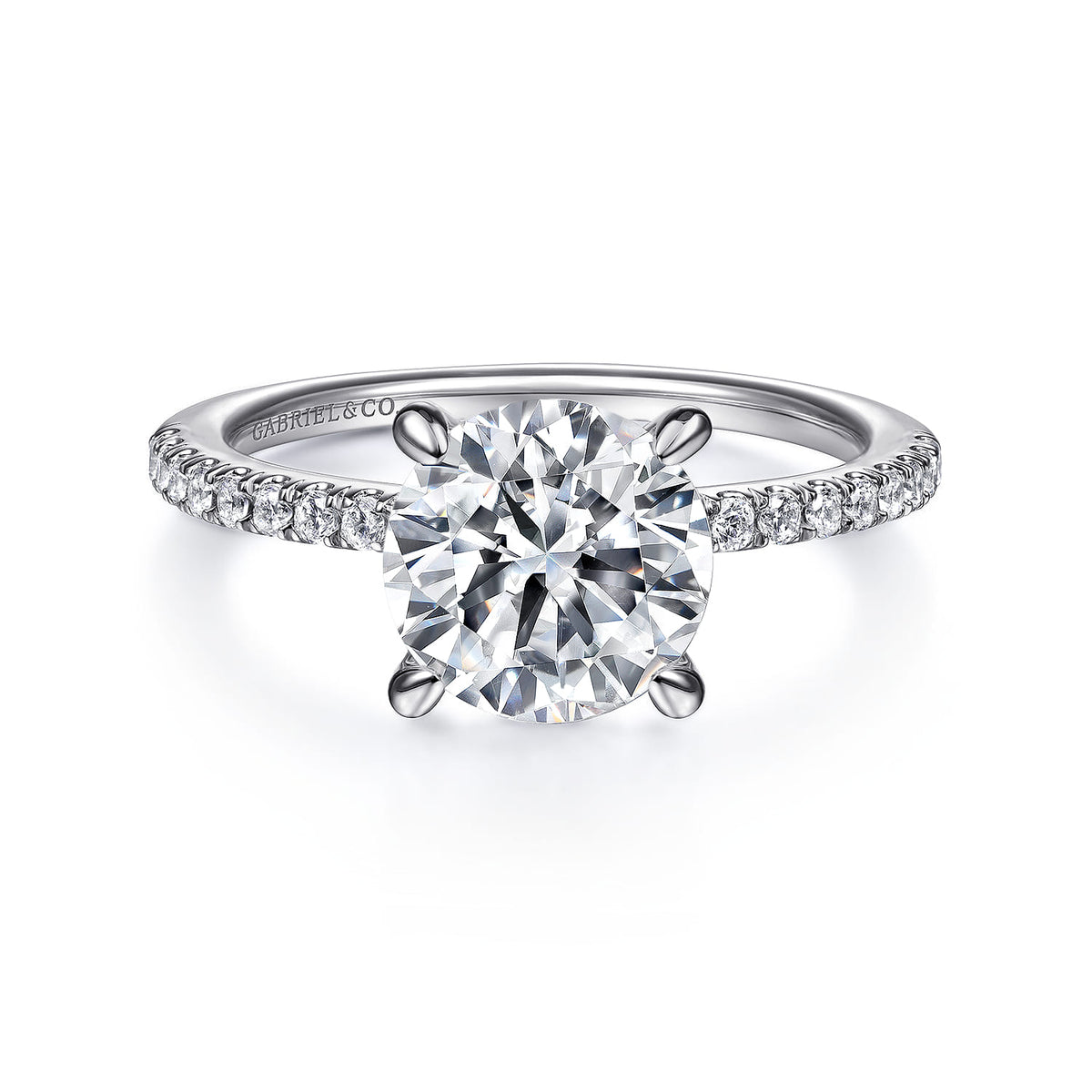 14K White Gold Round Diamond Engagement Ring — Gabriel & Co. ER14987R8W44JJ; center stone shown for illustration, not included