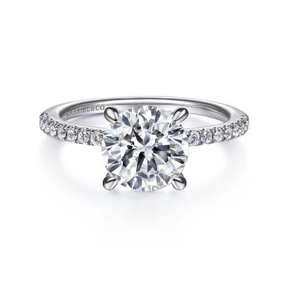 14K White Gold Round Diamond Engagement Ring — Gabriel & Co. ER14987R8W44JJ; center stone shown for illustration, not included