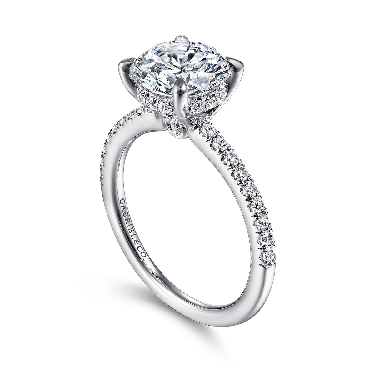 14K White Gold Round Diamond Engagement Ring — Gabriel & Co. ER14987R8W44JJ; center stone shown for illustration, not included