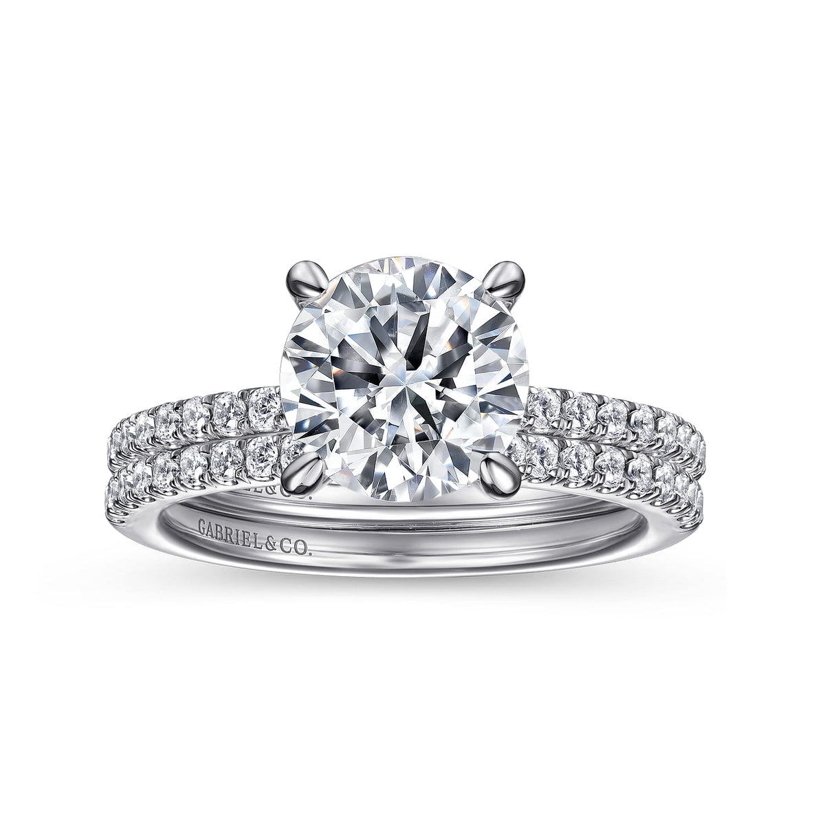 14K White Gold Round Diamond Engagement Ring — Gabriel & Co. ER14987R8W44JJ; center stone shown for illustration, not included