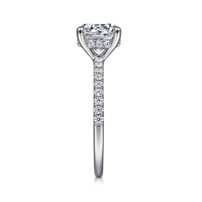 14K White Gold Round Diamond Engagement Ring — Gabriel & Co. ER14987R8W44JJ; center stone shown for illustration, not included