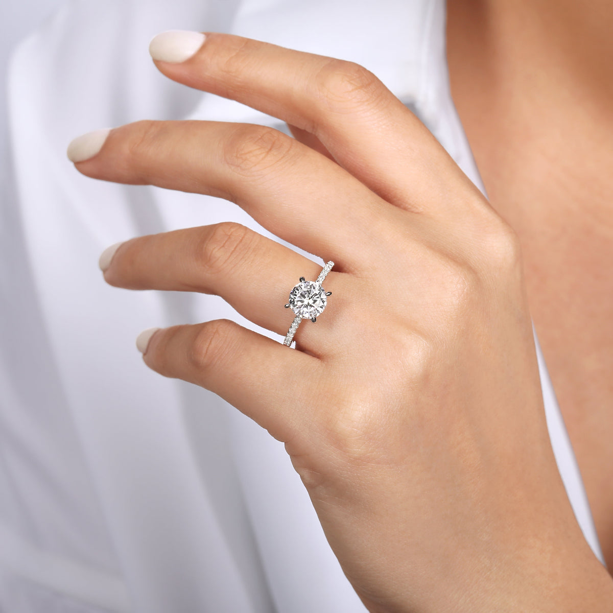 14K White Gold Round Diamond Engagement Ring — Gabriel & Co. ER14987R8W44JJ; center stone shown for illustration, not included
