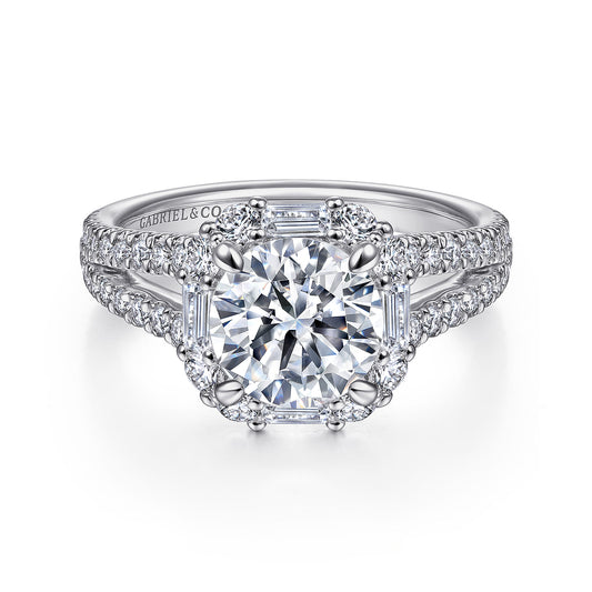 14K White Gold Cushion Halo Round Diamond Engagement Ring — Gabriel & Co. ER15030R6W44JJ; center stone shown for illustration, not included
