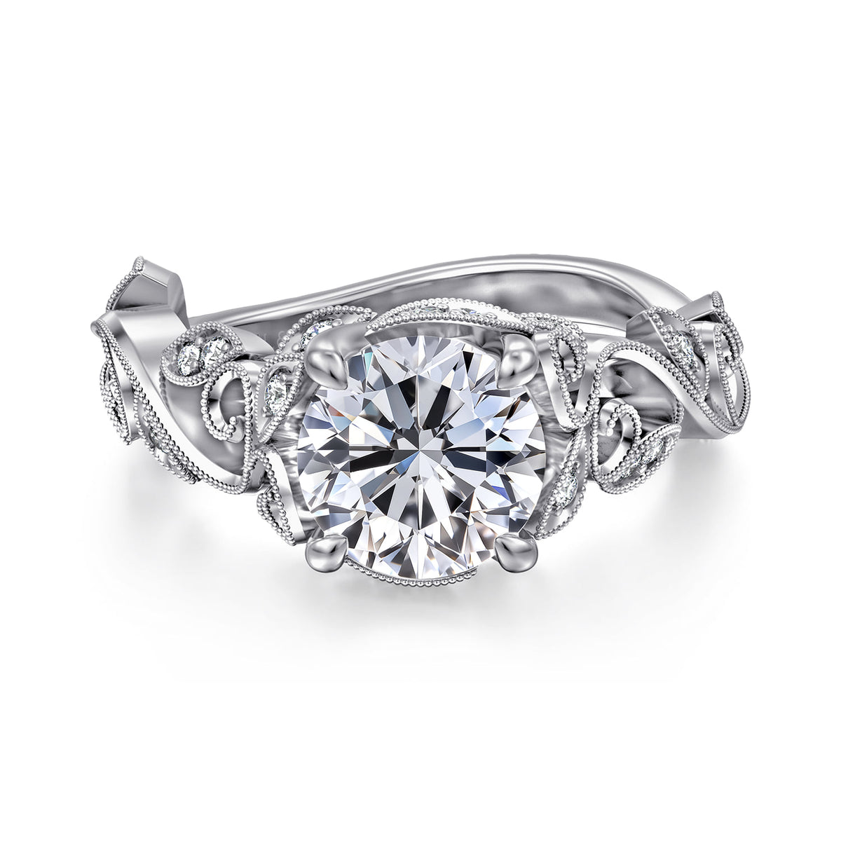 14K White Gold Floral Round Diamond Engagement Ring — Gabriel & Co. ER15207R6W44JJ; center stone shown for illustration, not included
