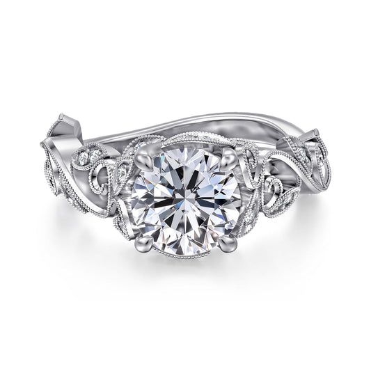 14K White Gold Floral Round Diamond Engagement Ring — Gabriel & Co. ER15207R6W44JJ; center stone shown for illustration, not included