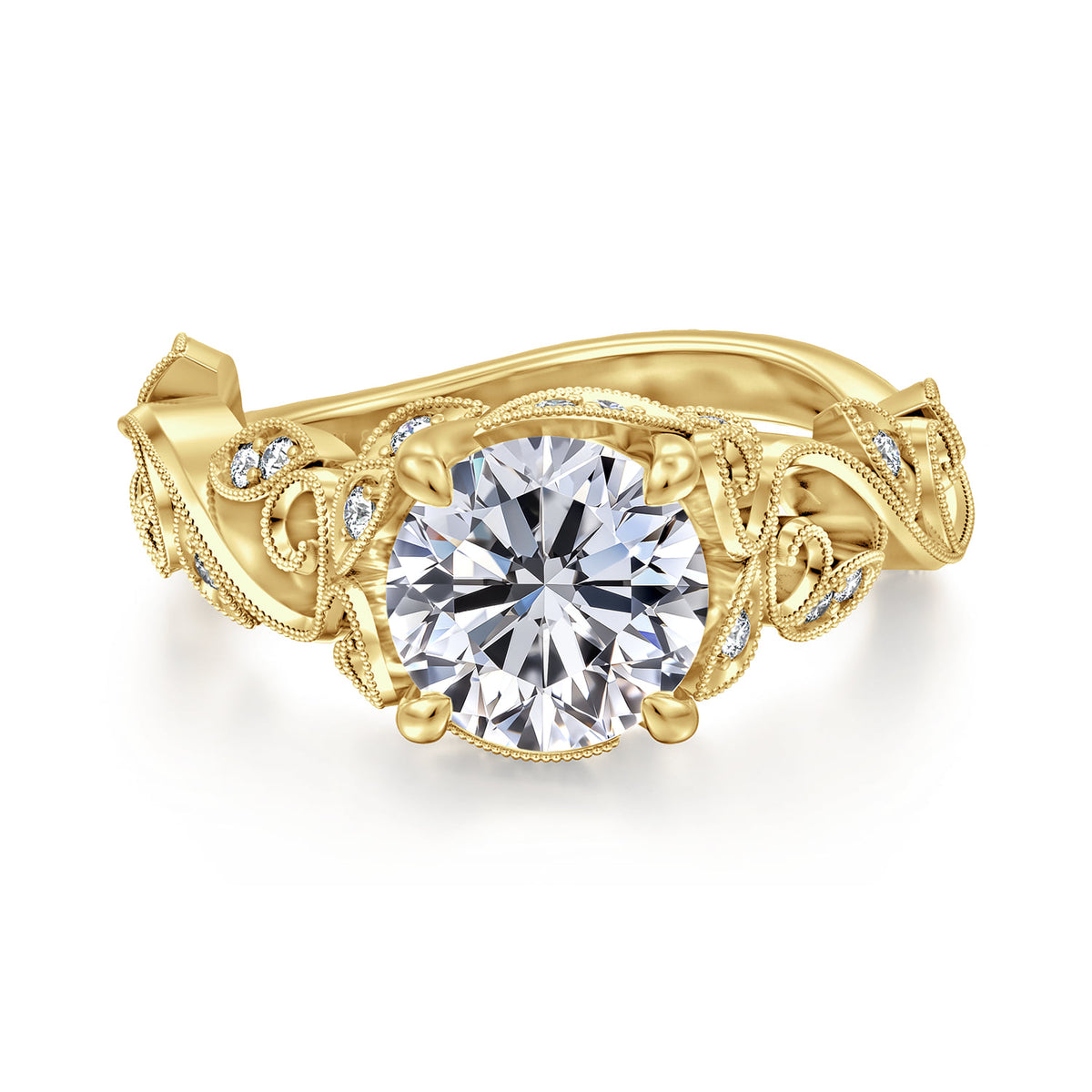 14K Yellow Gold Floral Round Diamond Engagement Ring — Gabriel & Co. ER15207R6Y44JJ; center stone shown for illustration, not included