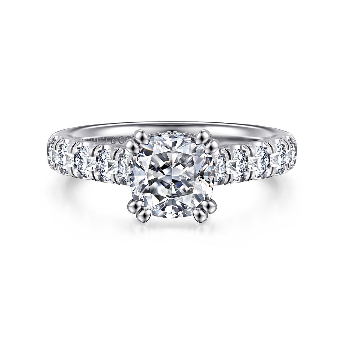14K White Gold Cushion Cut Diamond Engagement Ring — ER15247C6W44JJ; center stone shown for illustration, not included