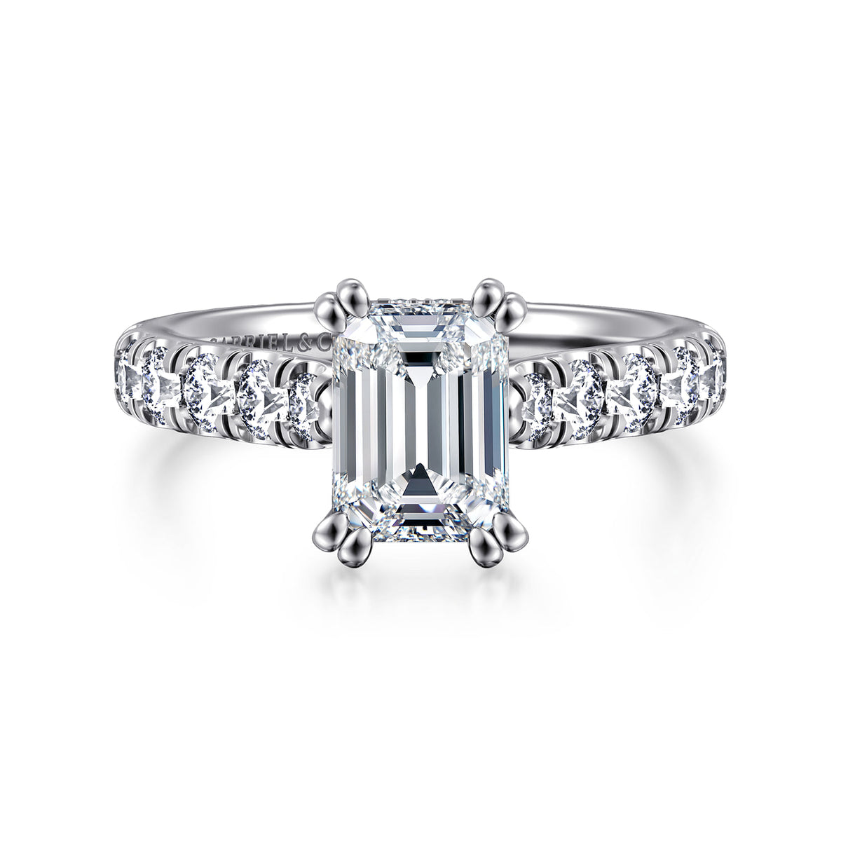 14K White Gold Emerald Cut Diamond Engagement Ring — ER15247E6W44JJ; center stone shown for illustration, not included