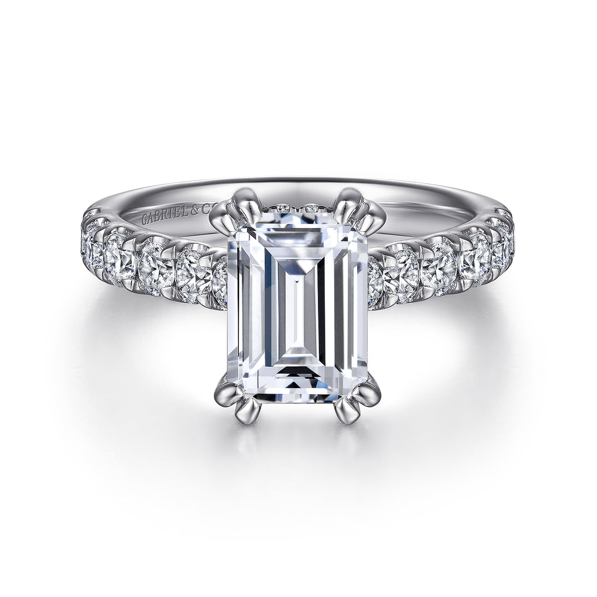 14K White Gold Emerald Cut Diamond Engagement Ring — ER15247E8W44JJ; center stone shown for illustration, not included