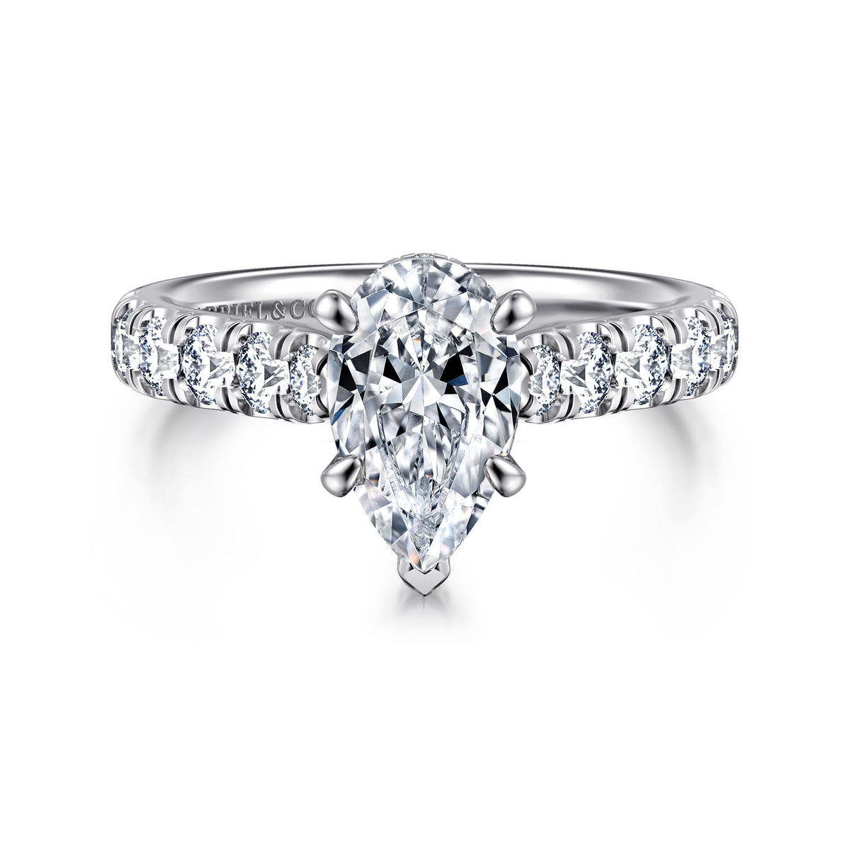 14K White Gold Pear Shape Diamond Engagement Ring — ER15247P6W44JJ; center stone shown for illustration, not included