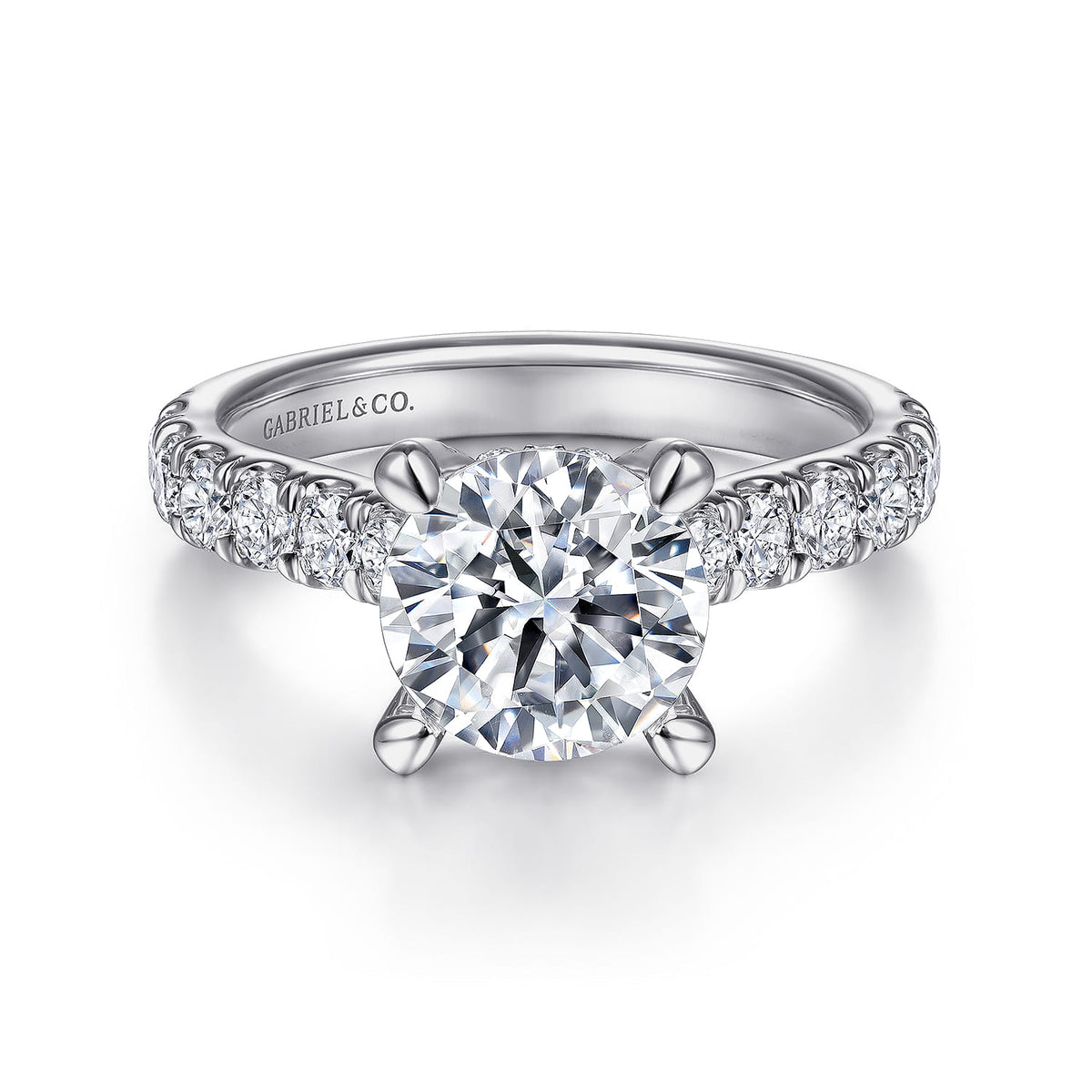 14K White Gold Round Diamond Engagement Ring — ER15247R8W44JJ; center stone shown for illustration, not included