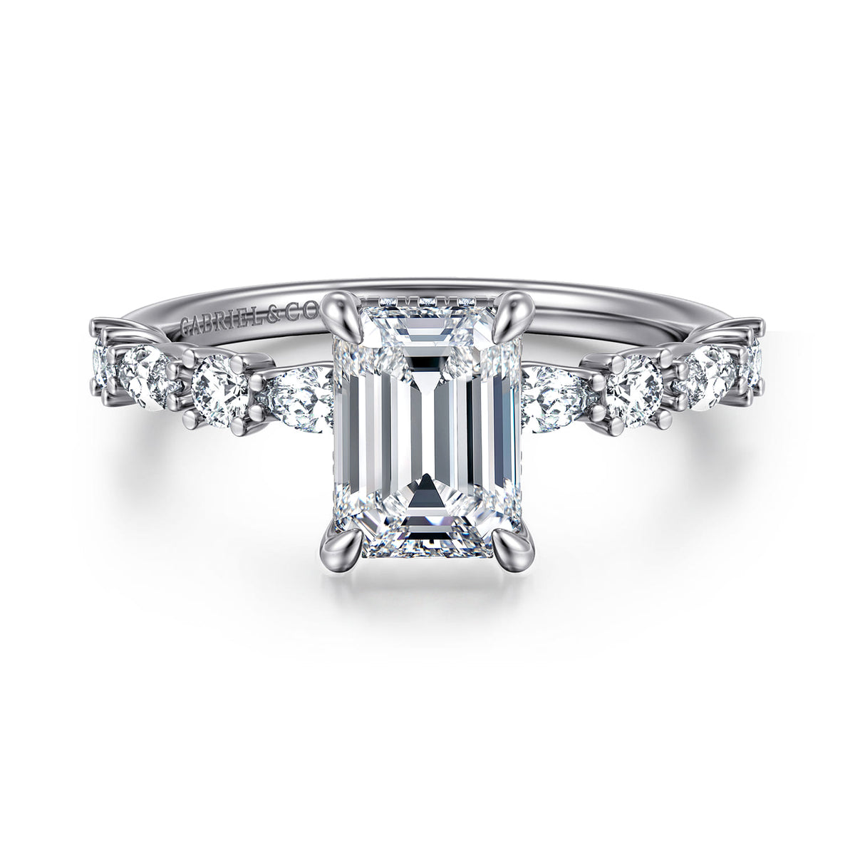 14K White Gold Emerald Cut Diamond Engagement Ring — ER15607E6W44JJ; center stone shown for illustration, not included