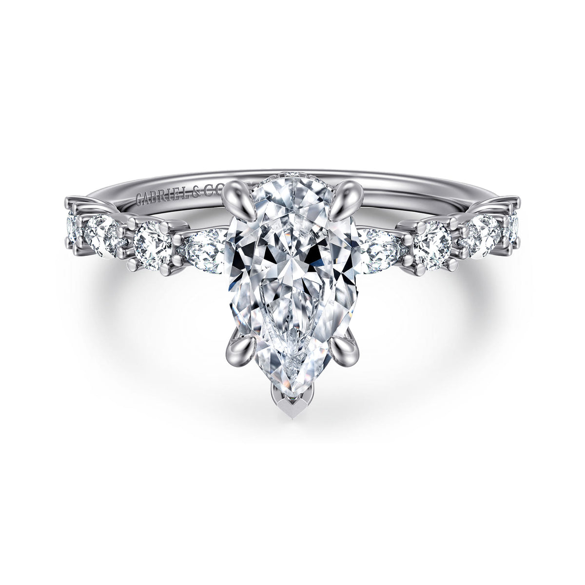 14K White Gold Pear Shape Diamond Engagement Ring — ER15607P6W44JJ; center stone shown for illustration, not included