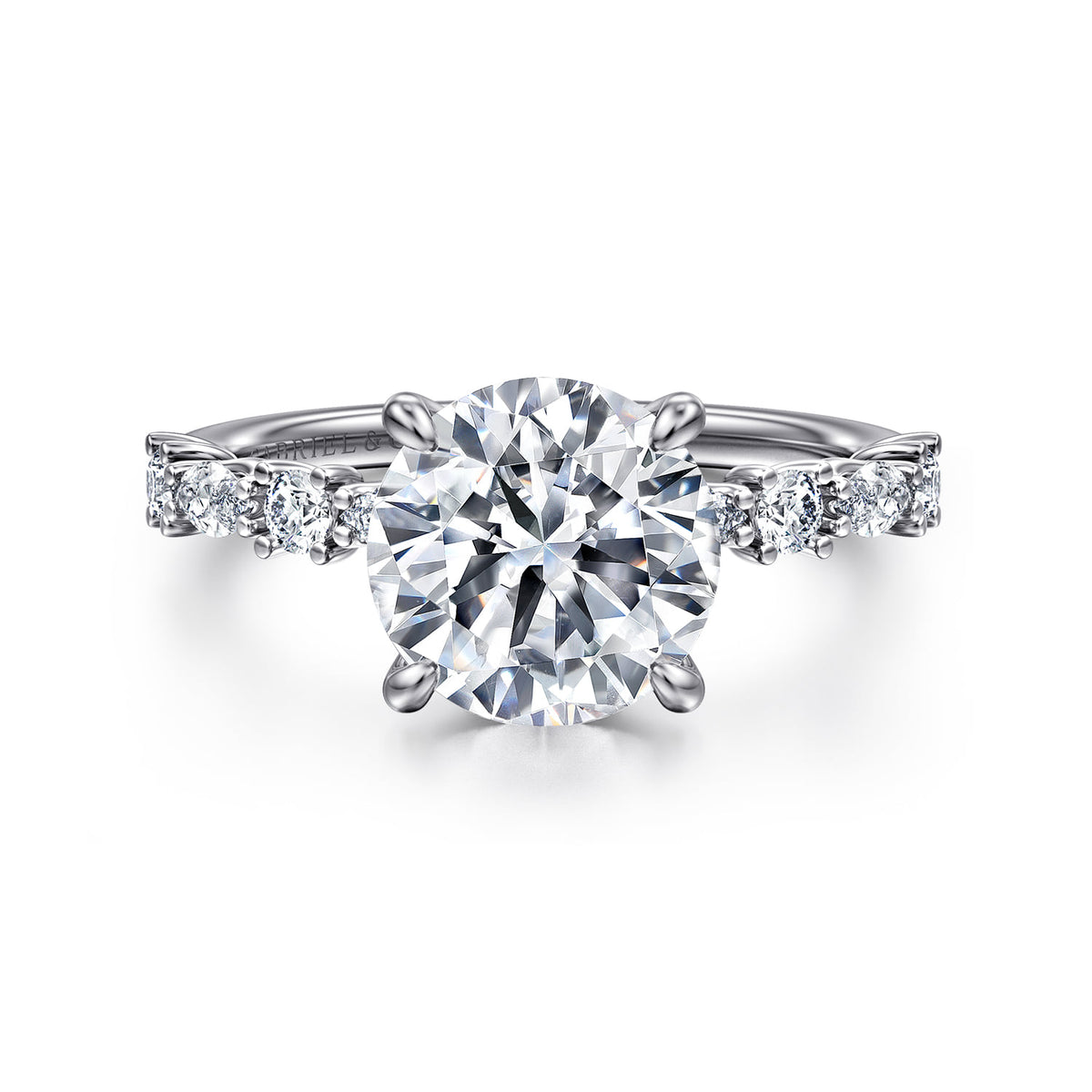 14K White Gold Round Diamond Engagement Ring — Gabriel & Co. ER15607R10W44JJ; center stone shown for illustration, not included