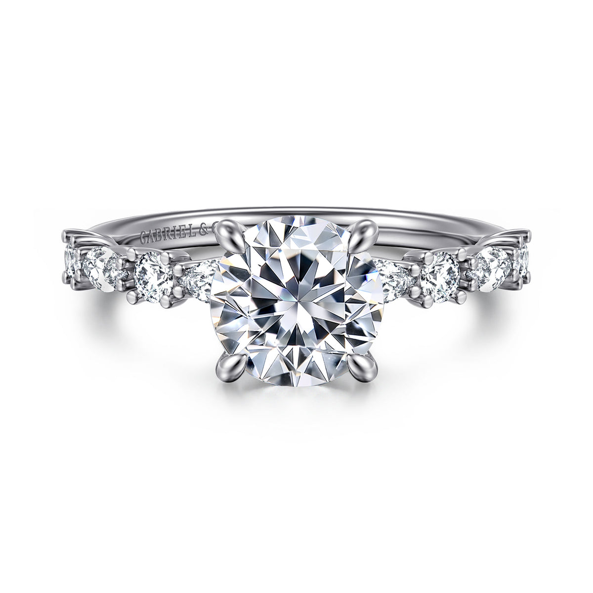 14K White Gold Round Diamond Engagement Ring — ER15607R6W44JJ; center stone shown for illustration, not included