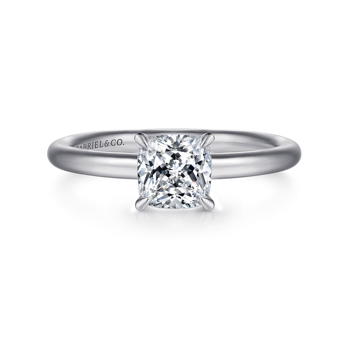 14K White Gold Cushion Cut Solitaire Engagement Ring — Gabriel & Co. ER15619C4W4JJJ; center stone shown for illustration, not included