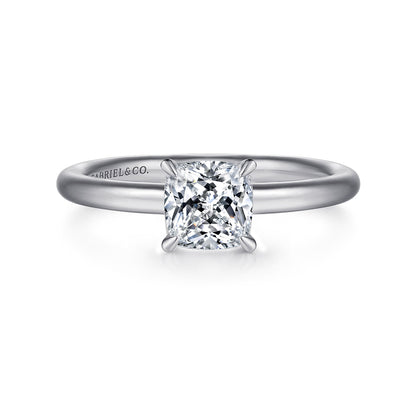 14K White Gold Cushion Cut Solitaire Engagement Ring — Gabriel & Co. ER15619C4W4JJJ; center stone shown for illustration, not included