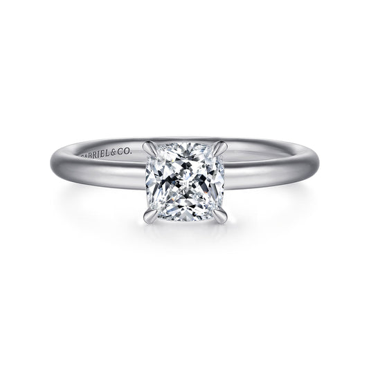 14K White Gold Cushion Cut Solitaire Engagement Ring — Gabriel & Co. ER15619C4W4JJJ; center stone shown for illustration, not included
