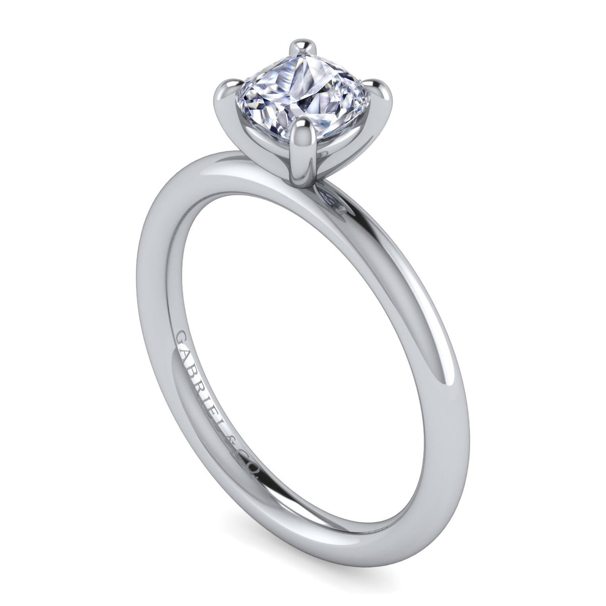 14K White Gold Cushion Cut Solitaire Engagement Ring — Gabriel & Co. ER15619C4W4JJJ; center stone shown for illustration, not included