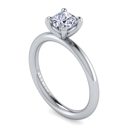 14K White Gold Cushion Cut Solitaire Engagement Ring — Gabriel & Co. ER15619C4W4JJJ; center stone shown for illustration, not included