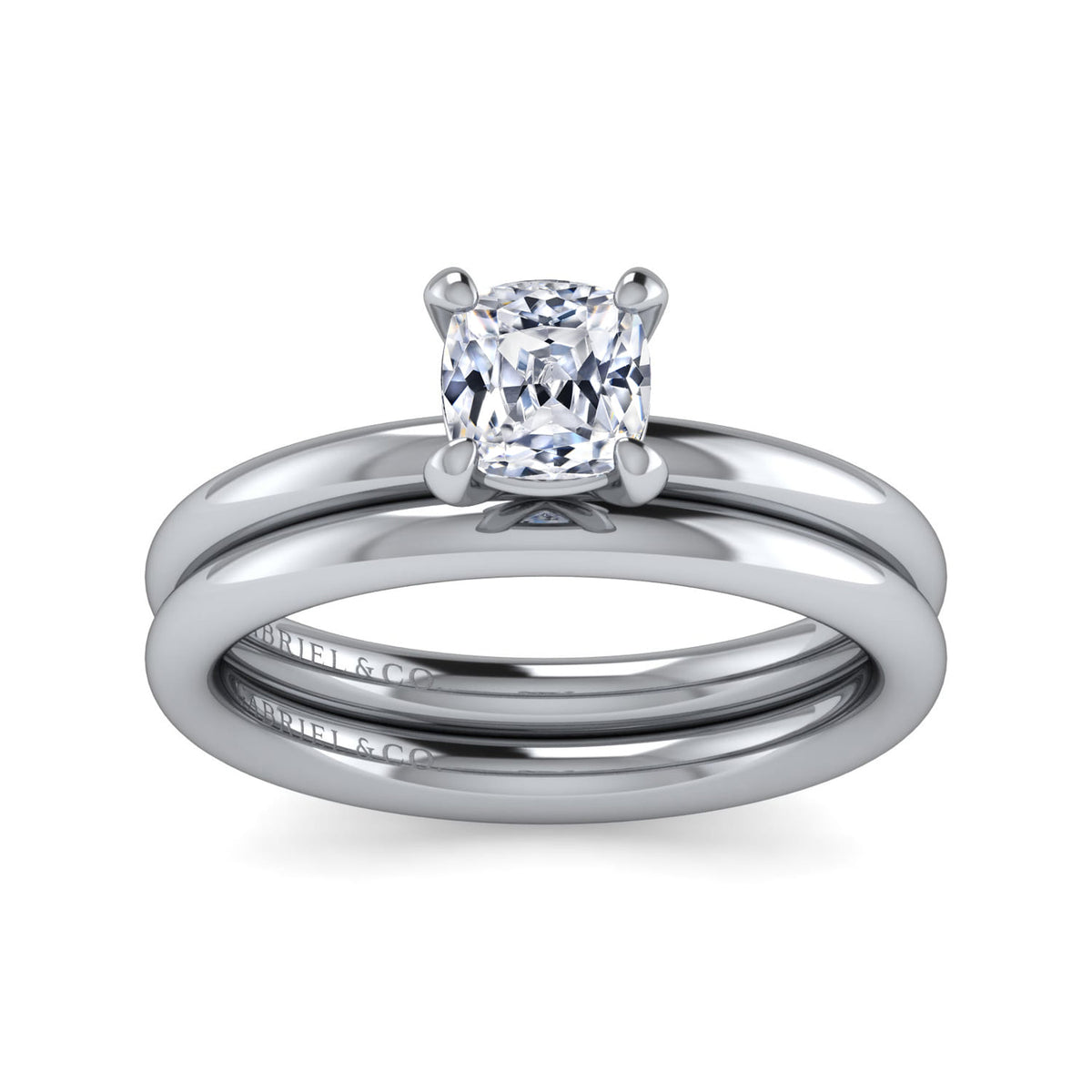 14K White Gold Cushion Cut Solitaire Engagement Ring — Gabriel & Co. ER15619C4W4JJJ; center stone shown for illustration, not included