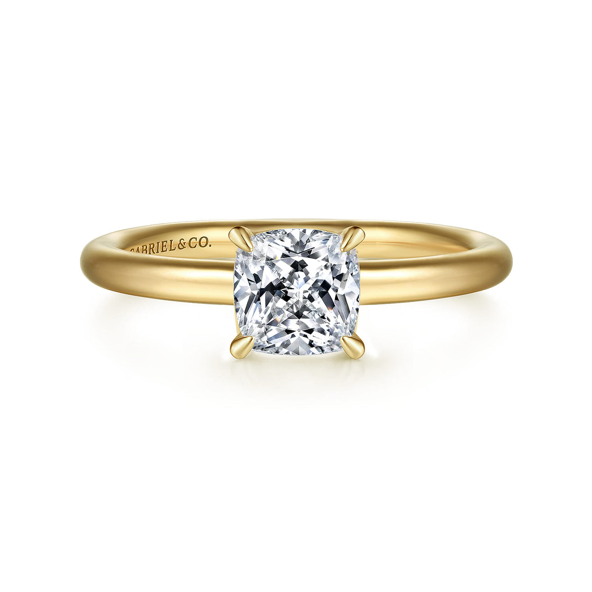 14K Yellow Gold Cushion Cut Solitaire Engagement Ring — Gabriel & Co. ER15619C4Y4JJJ; center stone shown for illustration, not included