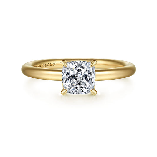 14K Yellow Gold Cushion Cut Solitaire Engagement Ring — Gabriel & Co. ER15619C4Y4JJJ; center stone shown for illustration, not included