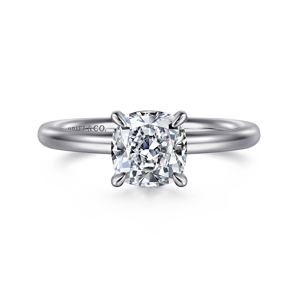 14K White Gold Cushion Cut Solitaire Engagement Ring — ER15619C6W4JJJ; center stone shown for illustration, not included