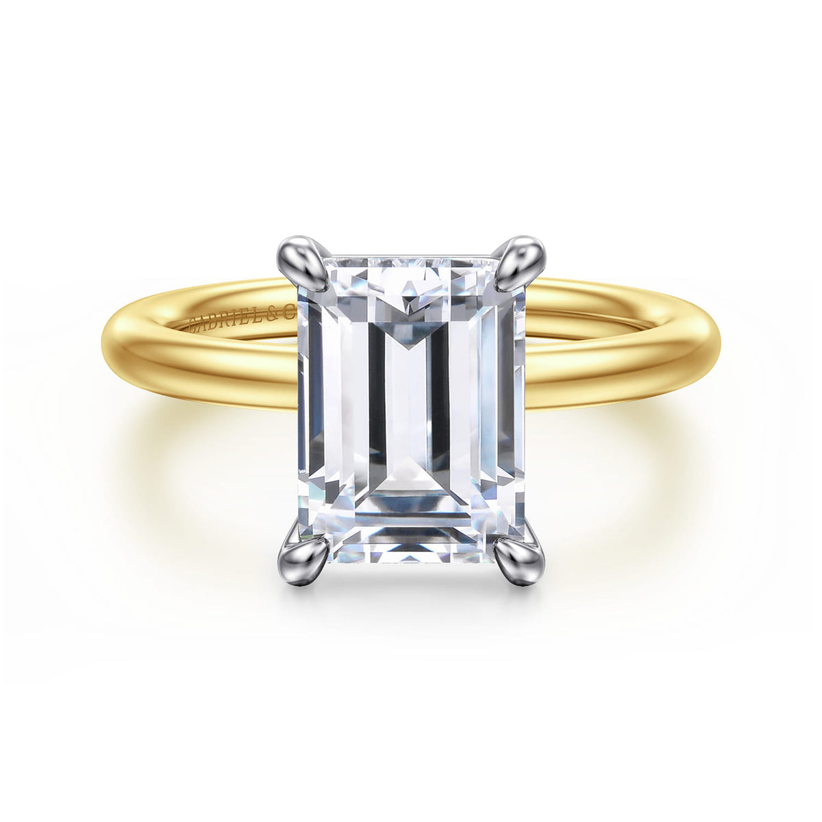14K White-Yellow Gold Emerald Cut Solitaire Engagement Ring — Gabriel & Co. ER15619E12M4JJJ; center stone shown for illustration, not included