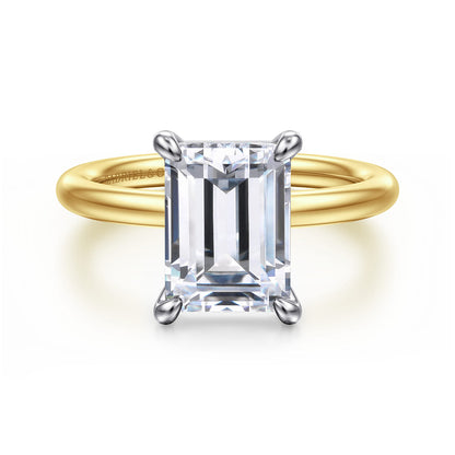 14K White-Yellow Gold Emerald Cut Solitaire Engagement Ring — Gabriel & Co. ER15619E12M4JJJ; center stone shown for illustration, not included
