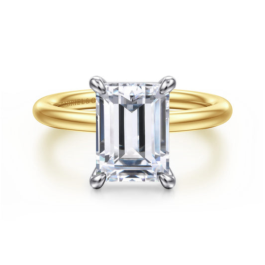 14K White-Yellow Gold Emerald Cut Solitaire Engagement Ring — Gabriel & Co. ER15619E12M4JJJ; center stone shown for illustration, not included