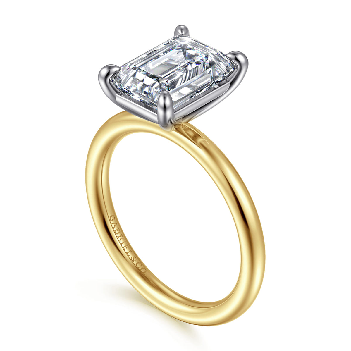 14K White-Yellow Gold Emerald Cut Solitaire Engagement Ring — Gabriel & Co. ER15619E12M4JJJ; center stone shown for illustration, not included