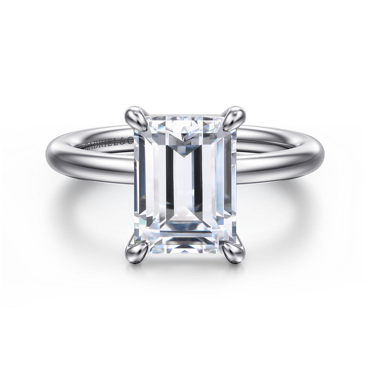 14K White Gold Emerald Cut Solitaire Engagement Ring — Gabriel & Co. ER15619E12W4JJJ; center stone shown for illustration, not included