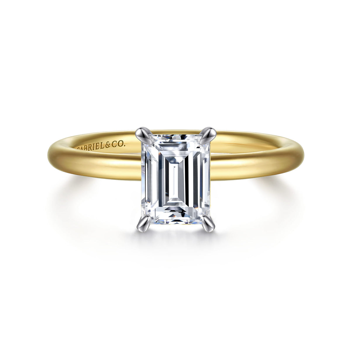 14K White&Yellow Gold Emerald Cut Solitaire Engagement Ring — Gabriel & Co. ER15619E4M4JJJ; center stone shown for illustration, not included