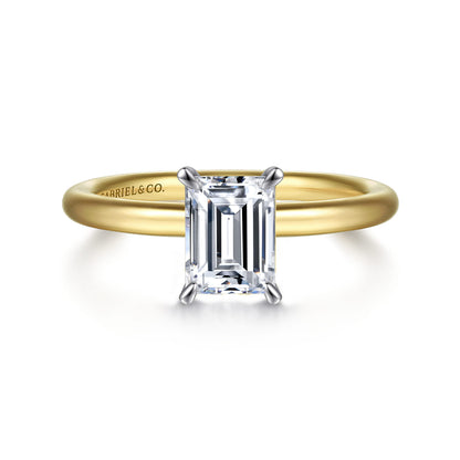 14K White&Yellow Gold Emerald Cut Solitaire Engagement Ring — Gabriel & Co. ER15619E4M4JJJ; center stone shown for illustration, not included