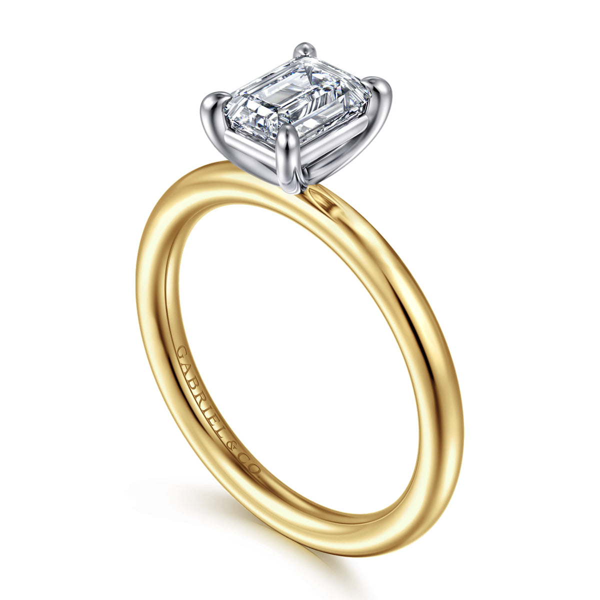 14K White&Yellow Gold Emerald Cut Solitaire Engagement Ring — Gabriel & Co. ER15619E4M4JJJ; center stone shown for illustration, not included