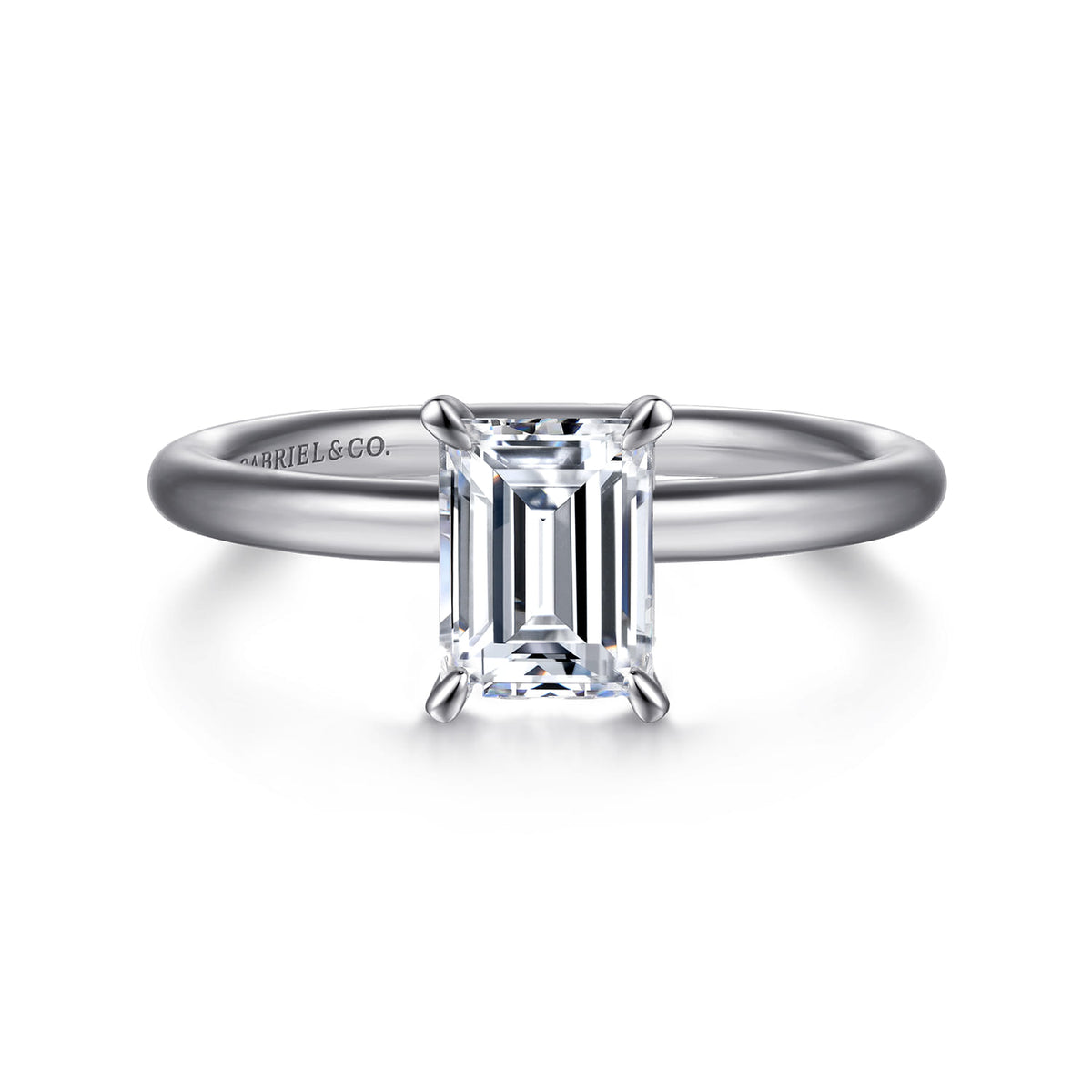 Platinum Emerald Cut Solitaire Engagement Ring — Gabriel & Co. ER15619E4PTJJJ; center stone shown for illustration, not included