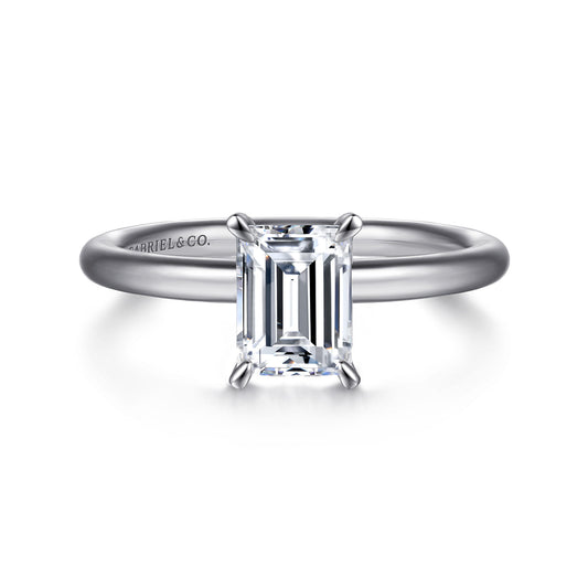 Platinum Emerald Cut Solitaire Engagement Ring — Gabriel & Co. ER15619E4PTJJJ; center stone shown for illustration, not included