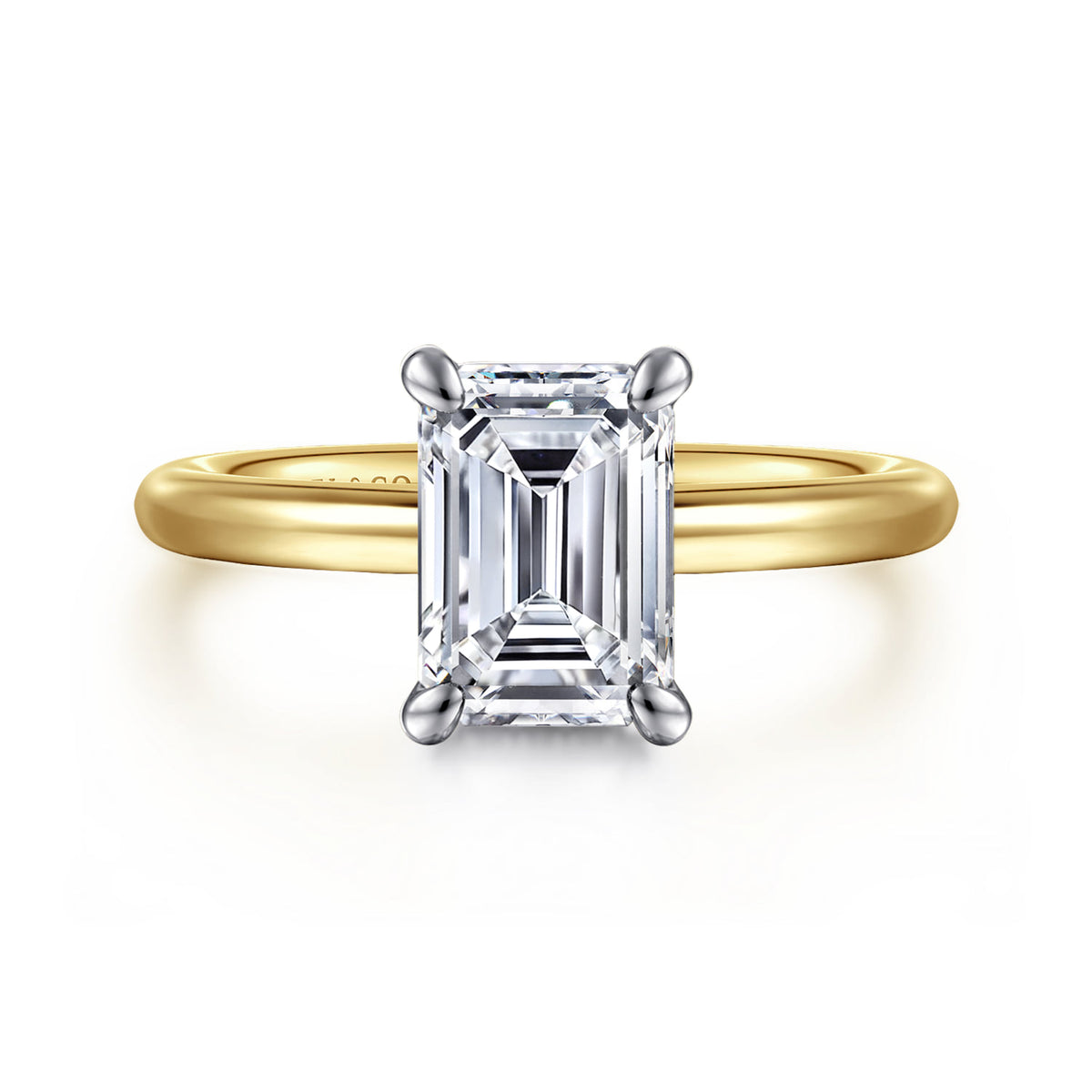 14K White&Yellow Gold Emerald Cut Solitaire Engagement Ring — Gabriel & Co. ER15619E8M4JJJ; center stone shown for illustration, not included