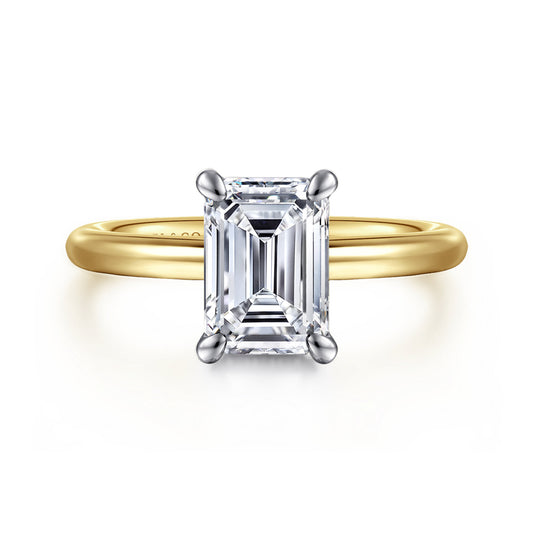 14K White&Yellow Gold Emerald Cut Solitaire Engagement Ring — Gabriel & Co. ER15619E8M4JJJ; center stone shown for illustration, not included