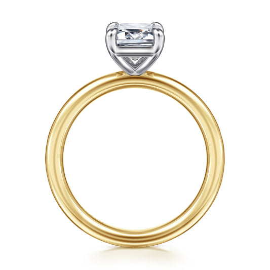 14K White&Yellow Gold Emerald Cut Solitaire Engagement Ring — Gabriel & Co. ER15619E8M4JJJ; center stone shown for illustration, not included