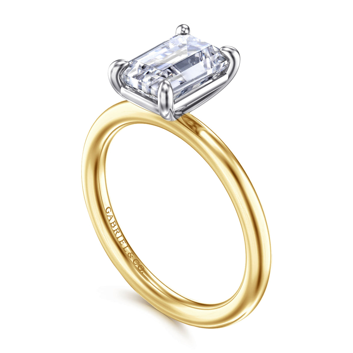 14K White&Yellow Gold Emerald Cut Solitaire Engagement Ring — Gabriel & Co. ER15619E8M4JJJ; center stone shown for illustration, not included