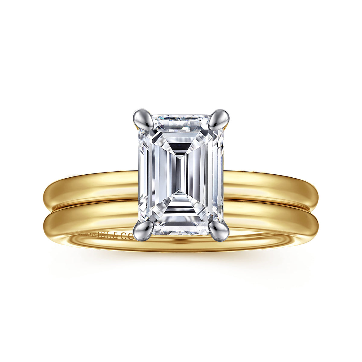 14K White&Yellow Gold Emerald Cut Solitaire Engagement Ring — Gabriel & Co. ER15619E8M4JJJ; center stone shown for illustration, not included