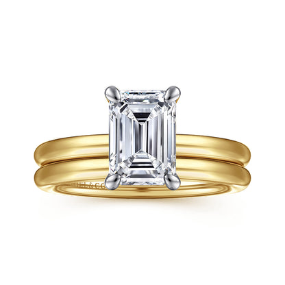 14K White&Yellow Gold Emerald Cut Solitaire Engagement Ring — Gabriel & Co. ER15619E8M4JJJ; center stone shown for illustration, not included
