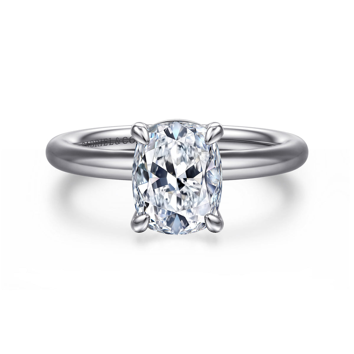14K White Gold Elongated Cushion Solitaire Engagement Ring — Gabriel & Co. ER15619G8W4JJJ; center stone shown for illustration, not included