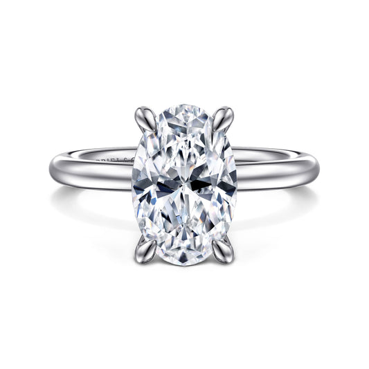 Platinum Oval Solitaire Engagement Ring — Gabriel & Co. ER15619O12PTJJJ; center stone shown for illustration, not included