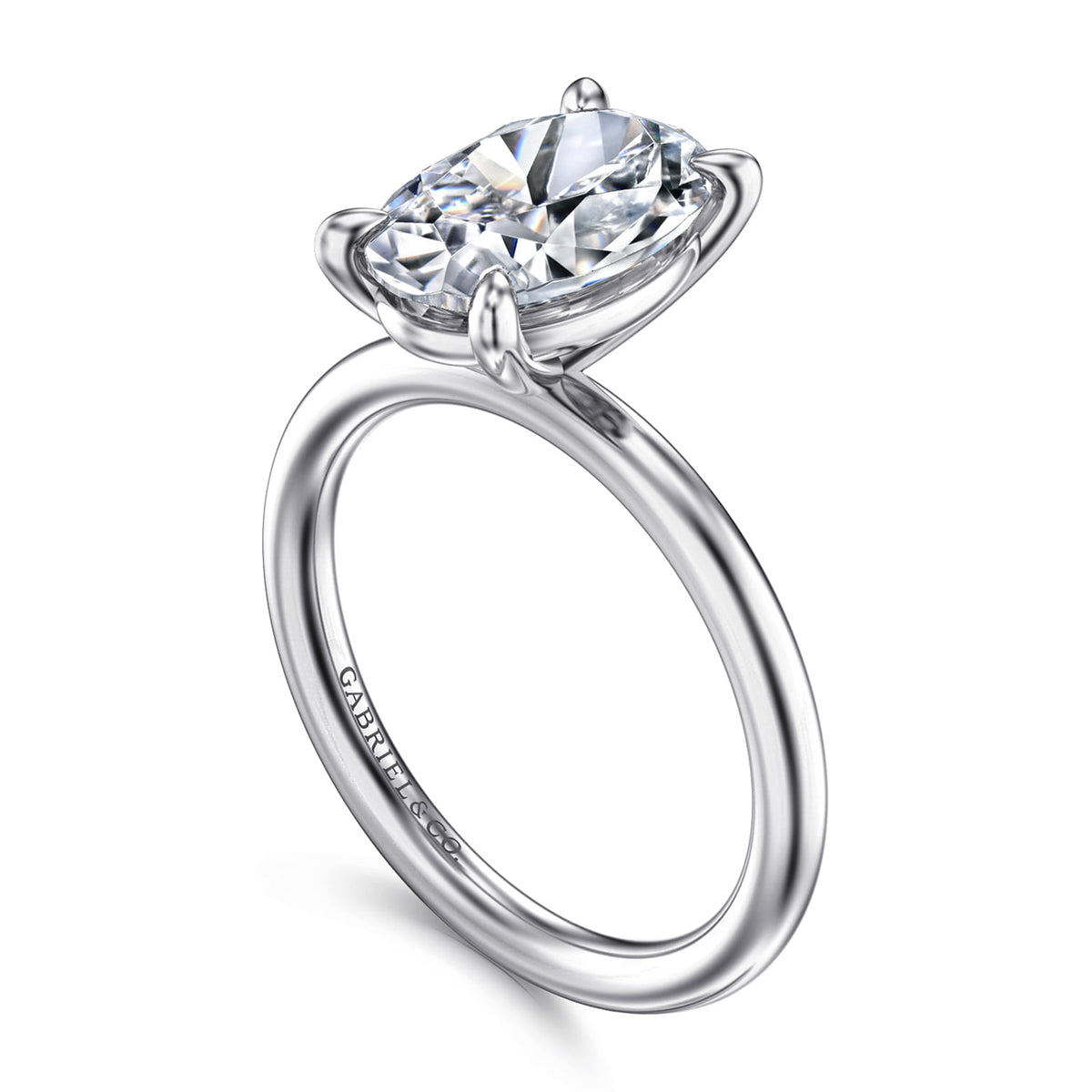 14K White Gold Oval Solitaire Engagement Ring — Gabriel & Co. ER15619O12W4JJJ; center stone shown for illustration, not included