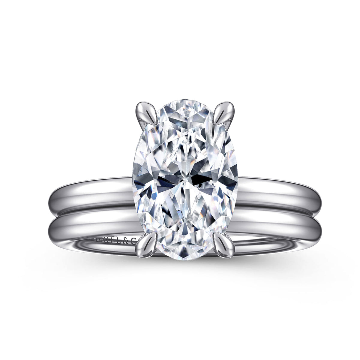 14K White Gold Oval Solitaire Engagement Ring — Gabriel & Co. ER15619O12W4JJJ; center stone shown for illustration, not included