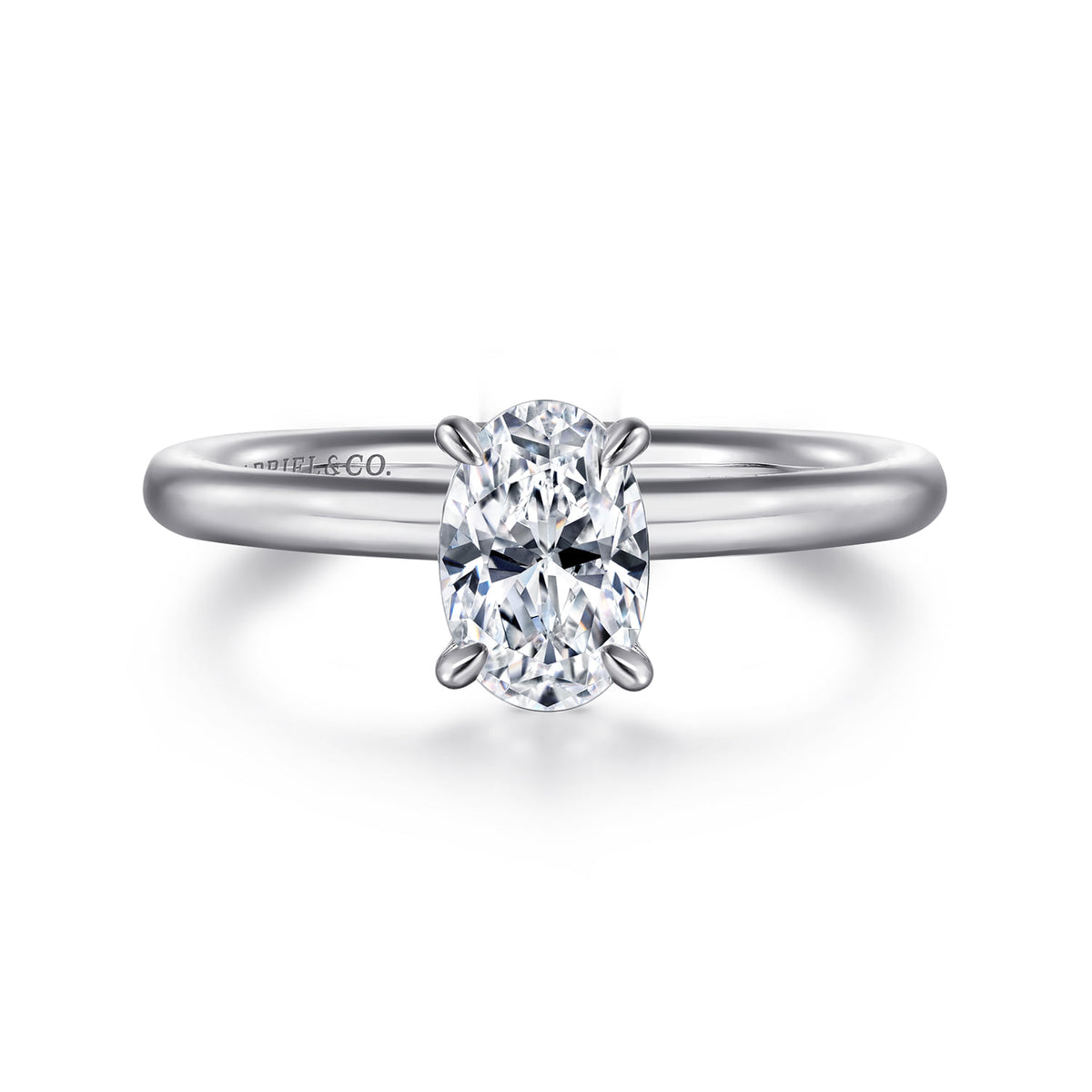 Platinum Oval Solitaire Engagement Ring — Gabriel & Co. ER15619O4PTJJJ; center stone shown for illustration, not included
